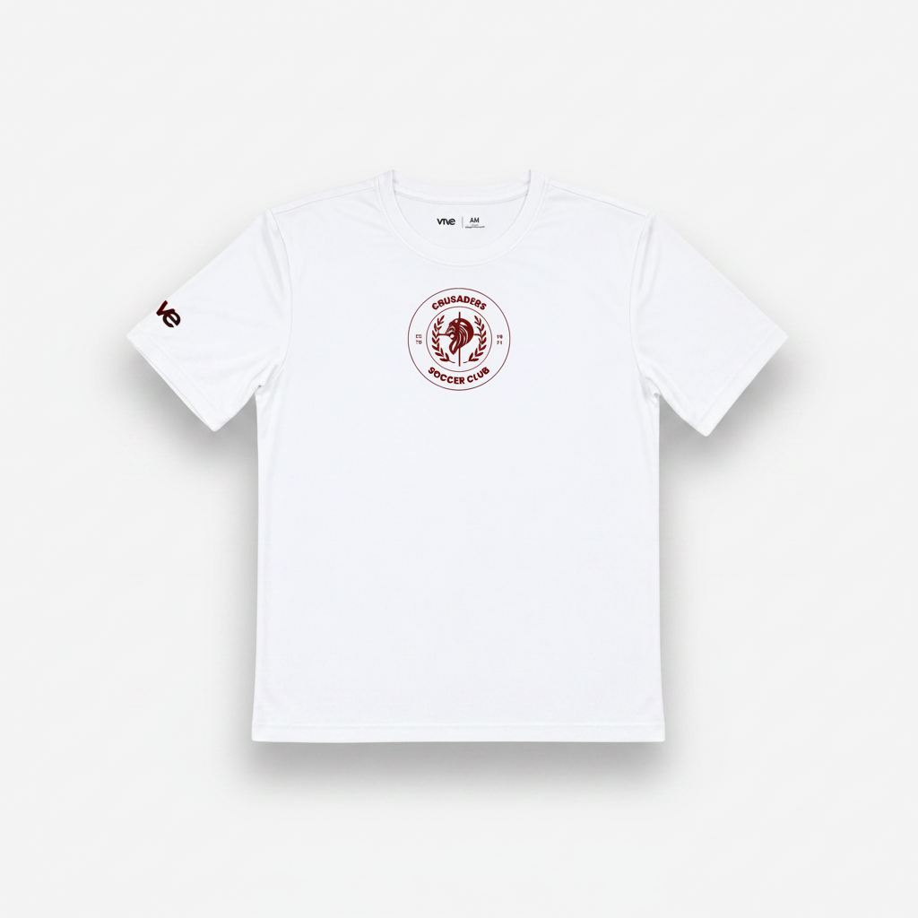 VIVE Create Future Crusaders white Core-Tech training jersey with maroon club logo and short sleeves