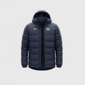 VIVE Create Future Del Norte navy blue hooded puffer jacket with athletic branding on a light grey background.