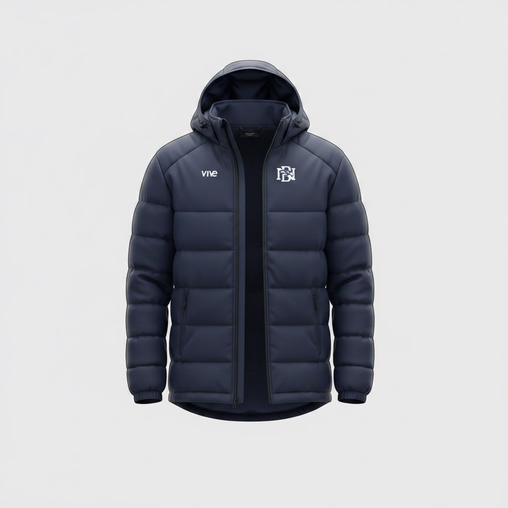 VIVE Create Future Del Norte navy blue hooded puffer jacket with athletic branding on a light grey background.