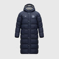 VIVE Create Future navy blue knee-length puffer stadium jacket with hood and white logo detailing.