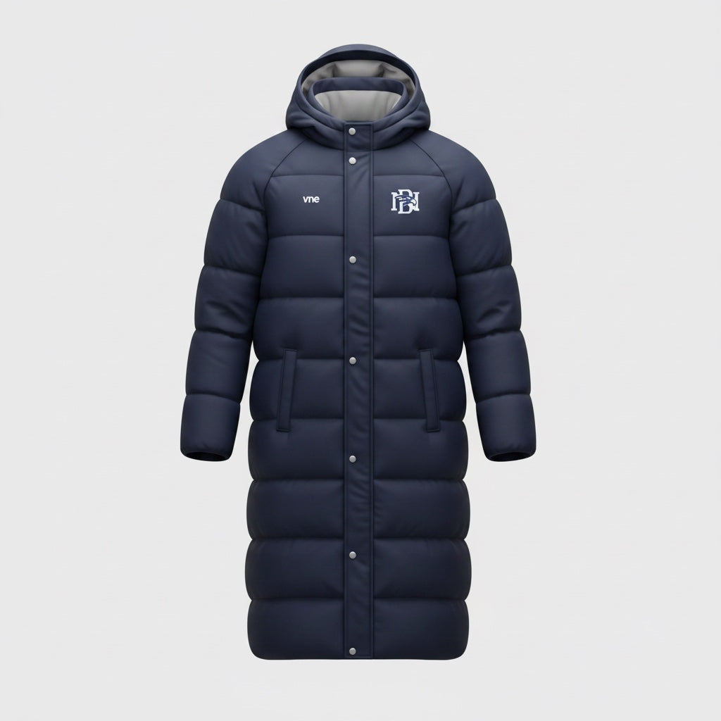 VIVE Create Future navy blue knee-length puffer stadium jacket with hood and white logo detailing.