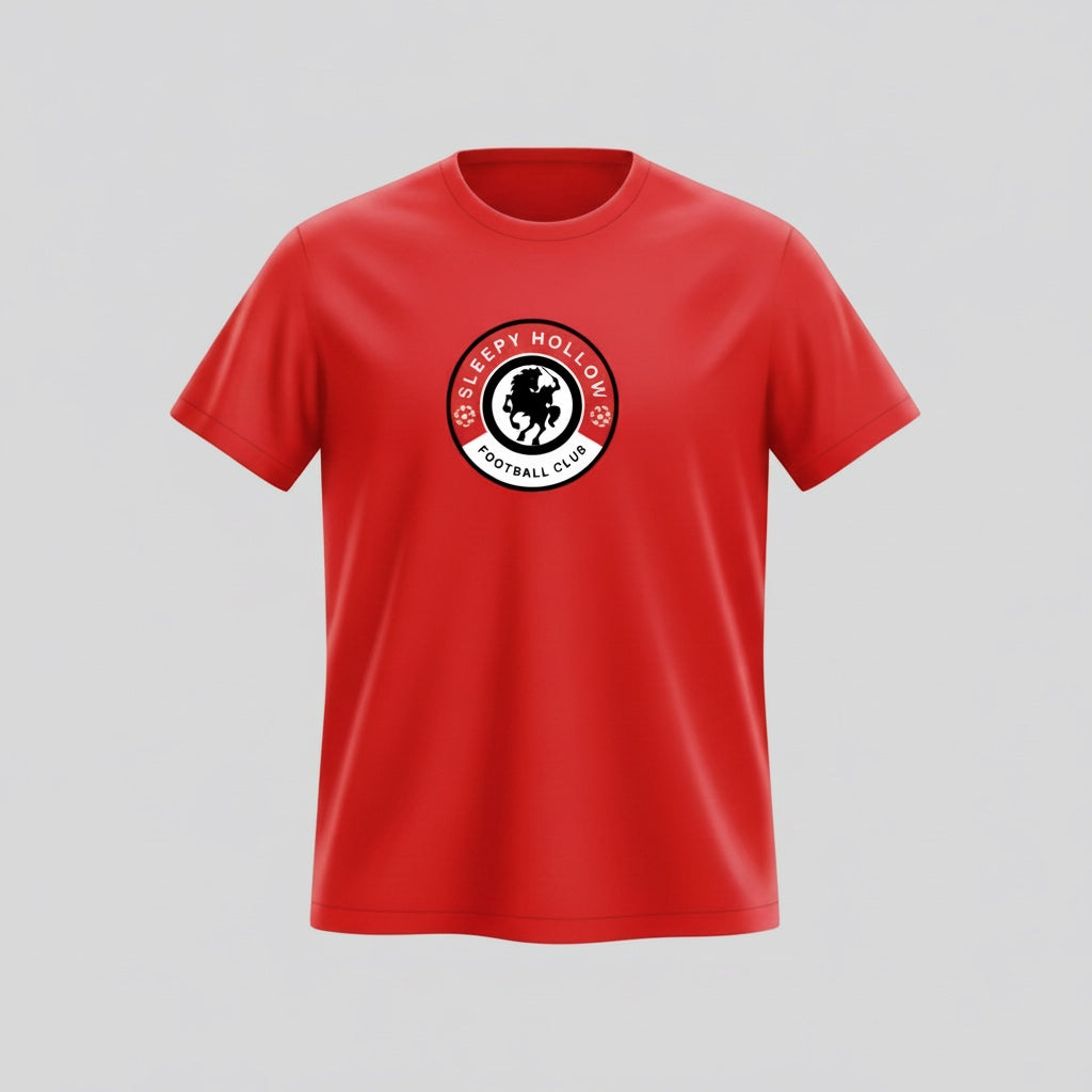 VIVE Create Future red cotton t-shirt with Sleepy Hollow Football Club logo on chest. Short sleeves, crew neck.