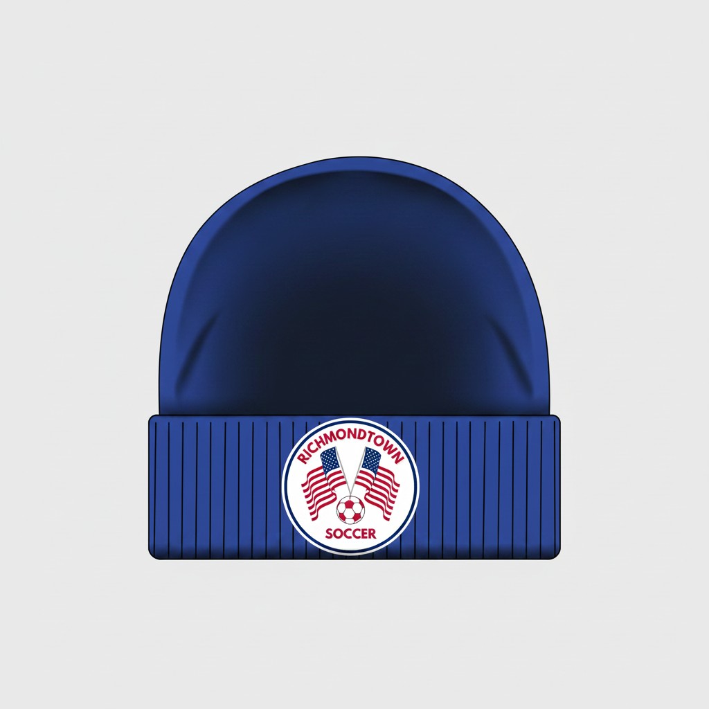 VIVE Create Future Richmondtown Soccer Club royal blue knit beanie with club emblem featuring two American flags and a soccer ball.