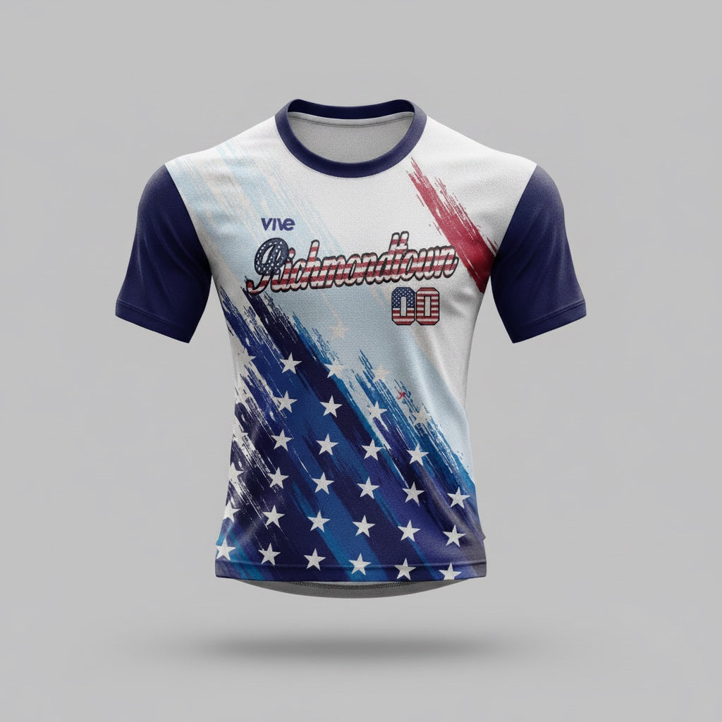 VIVE Create Future Richmondtown USA Stars & Stripes soccer jersey with navy blue sleeves and collar.