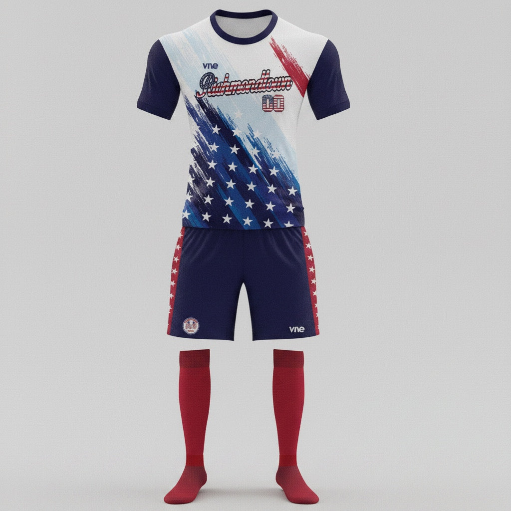 VIVE Create Future Richmondtown Soccer Uniform Set with Stars & Stripes design in navy, white, and red.