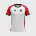 VIVE Create Future SHFC Away Match Jersey with white body, red sleeves, and subtle horse pattern. Moisture-wicking polyester.