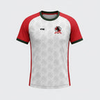 VIVE Create Future SHFC Away Match Jersey with white body, red sleeves, and subtle horse pattern. Moisture-wicking polyester.