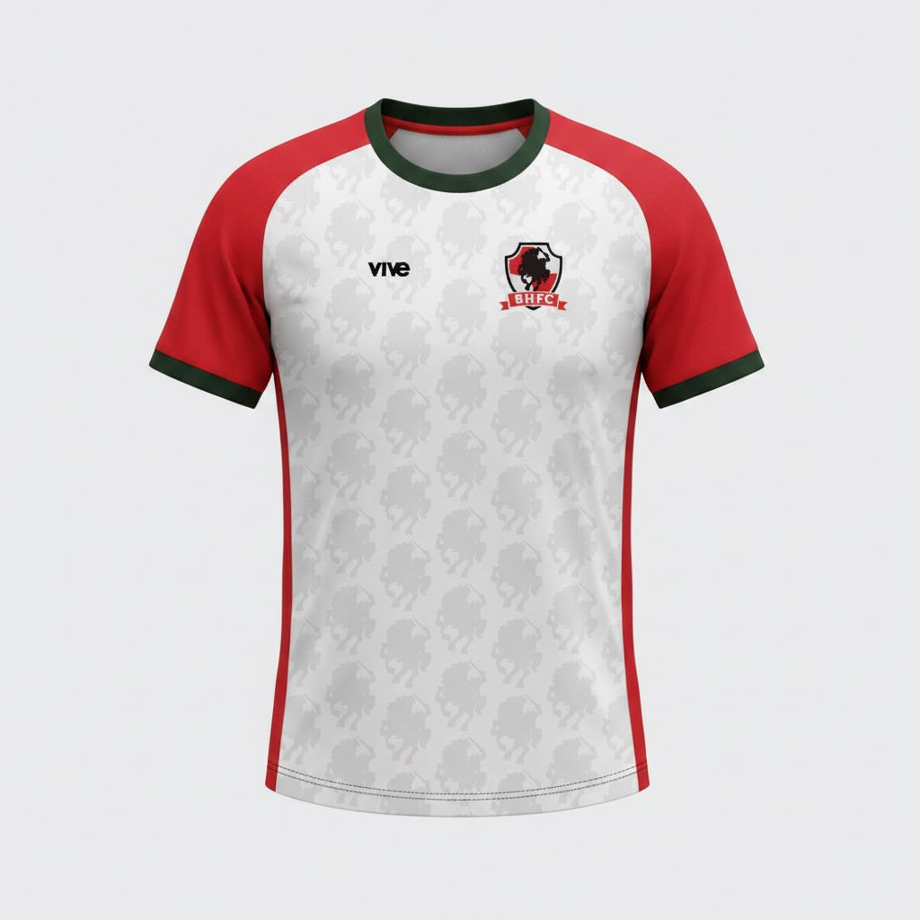 VIVE Create Future SHFC Away Match Jersey with white body, red sleeves, and subtle horse pattern. Moisture-wicking polyester.