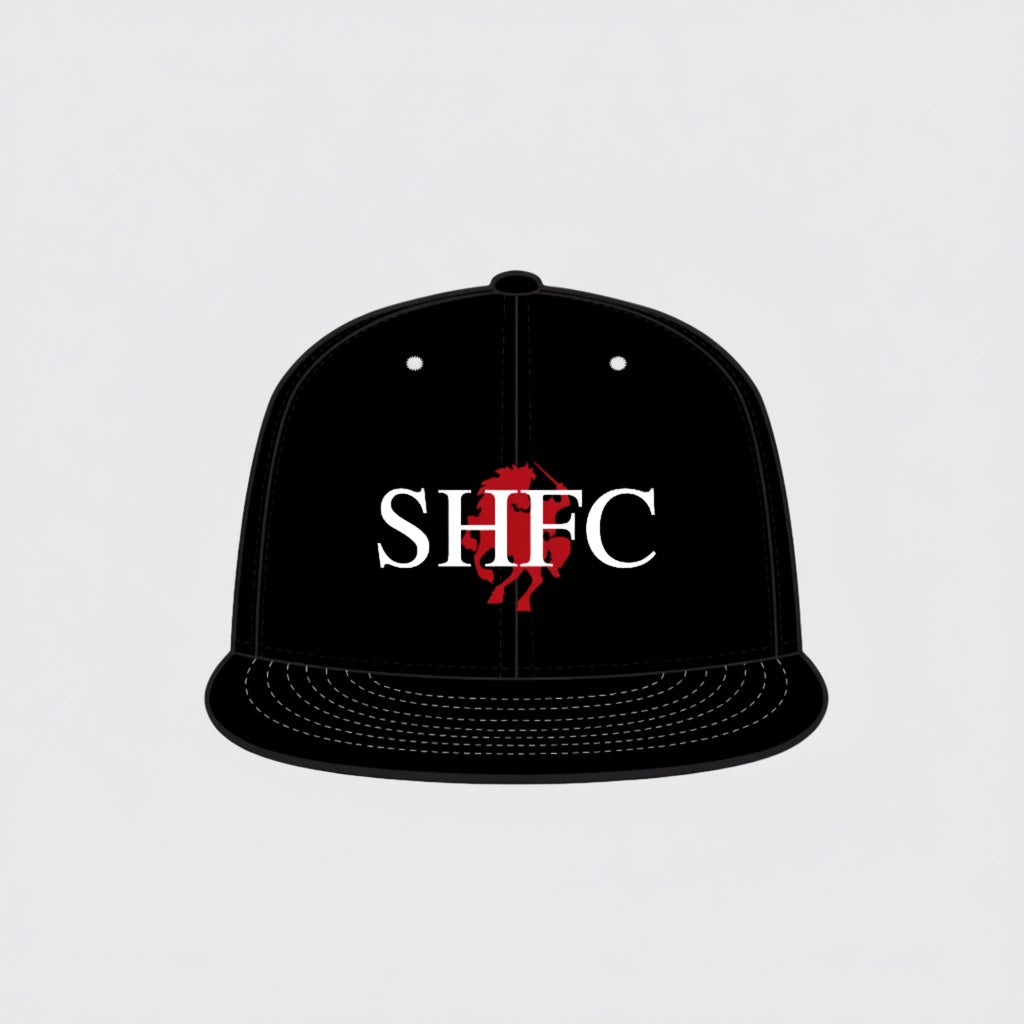 VIVE Create Future black baseball cap with white SHFC lettering and red headless horseman logo