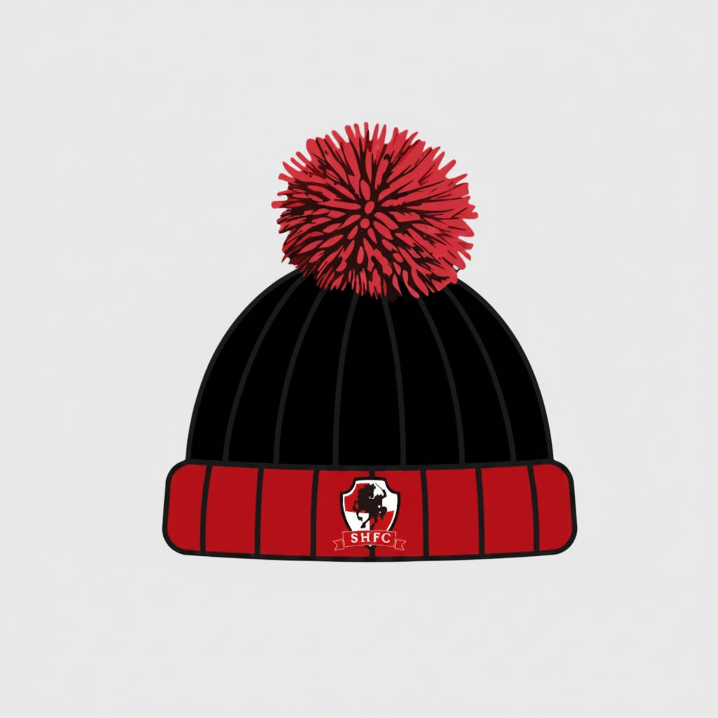 VIVE Create Future SHFC Limited Edition Club Beanie in black and red with pom-pom and embroidered crest.