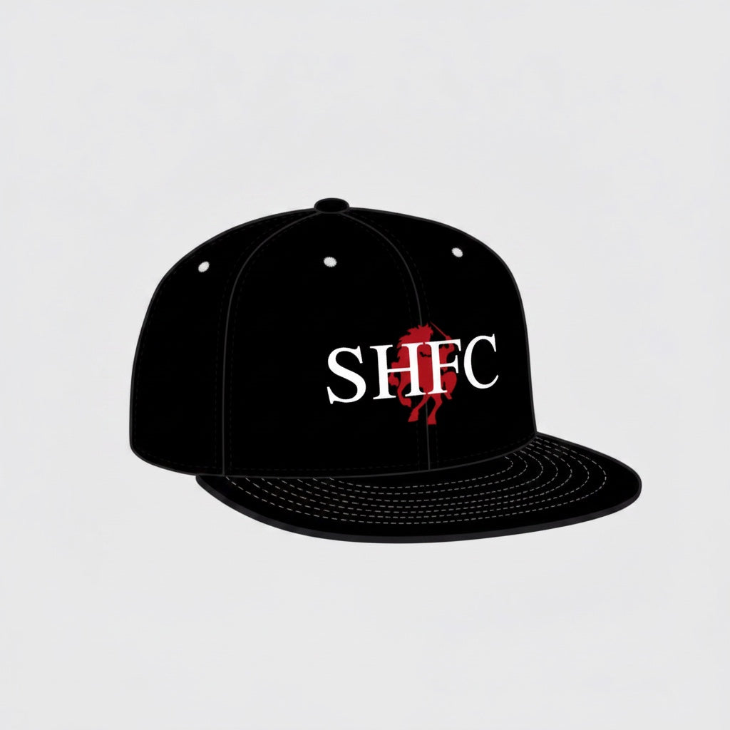 VIVE Create Future black flat brim hat with white SHFC logo and red headless horseman graphic.