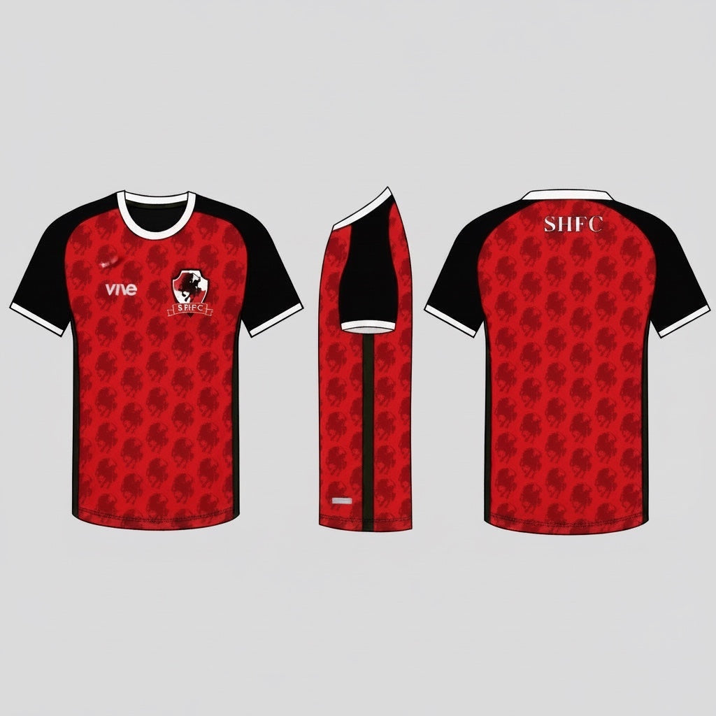 VIVE Create Future SHFC Home Match Jersey with red sleeves and a repeating headless horseman pattern on a red body. Made of moisture-wicking polyester.