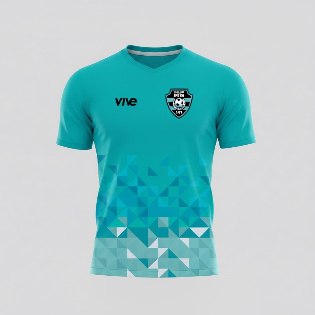 VIVE Create Future teal polyester short-sleeve soccer jersey with geometric pattern and team crest.