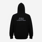 Back view of VIVE Create Future TPN Lux black hoodie with white text By Players For Players To Empower Players