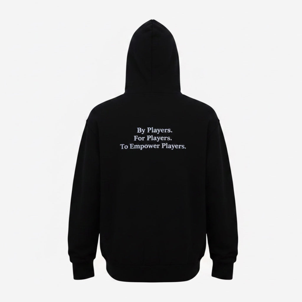 Back view of VIVE Create Future TPN Lux black hoodie with white text By Players For Players To Empower Players
