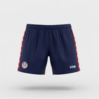 VIVE Create Richmondtown navy soccer shorts with red and white stars on the sides and USA-themed logo.