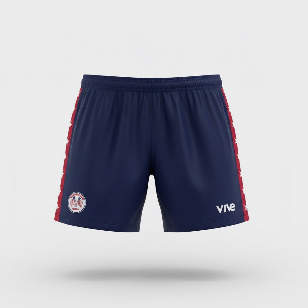 VIVE Create Richmondtown navy soccer shorts with red and white stars on the sides and USA-themed logo.