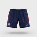 VIVE Create Richmondtown navy soccer shorts with red and white stars on the sides and USA-themed logo.