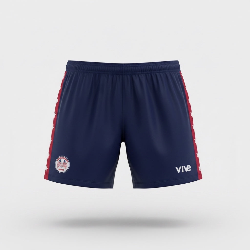 VIVE Create Richmondtown navy soccer shorts with red and white stars on the sides and USA-themed logo.