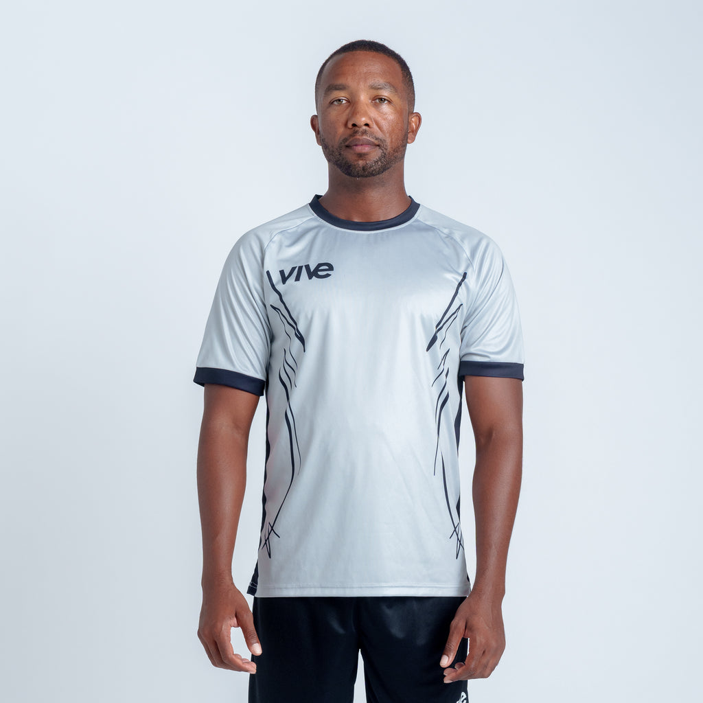 Espejo Soccer Training Jersey on Model Close Up - Grey color with Black design from VIVE