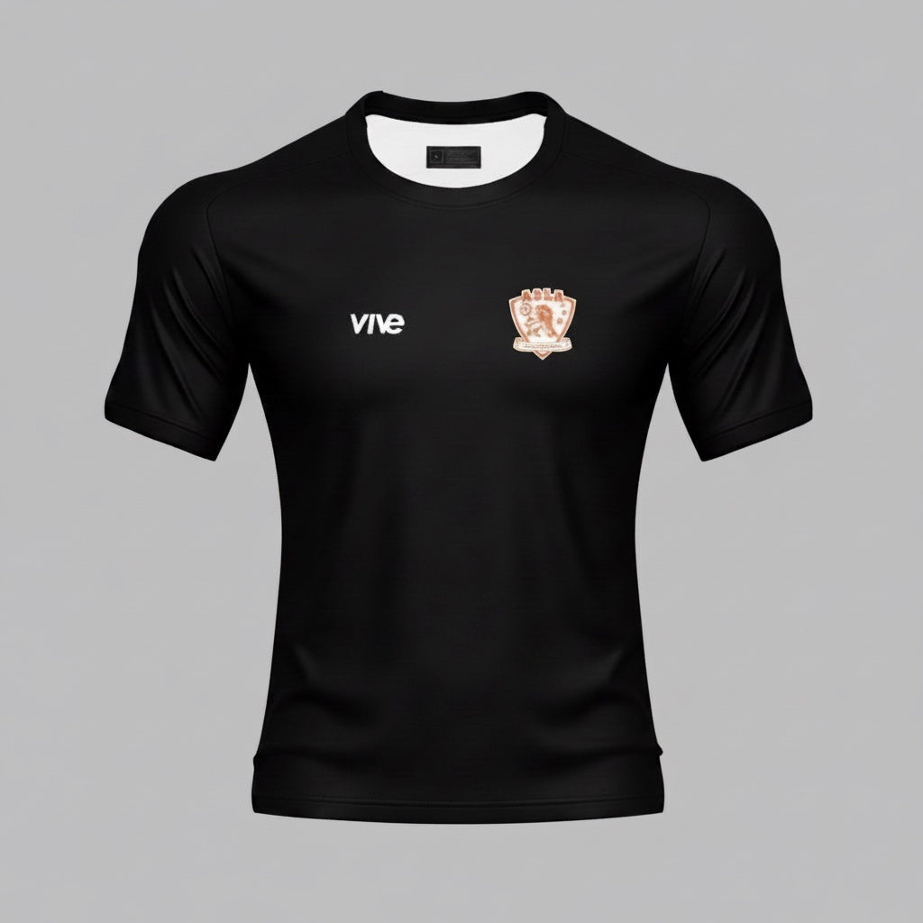 VIVE 'Logo' Training Jersey in black, moisture-wicking polyester with a crew neck and short sleeves. Features a copper logo emblem.