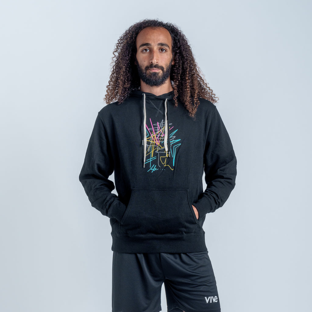 The Movement Hoodie on Model - Black color with Multi color design from VIVE