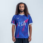 USA Wild Soccer Jersey on Model - Blue and Red color with White lettering from VIVE