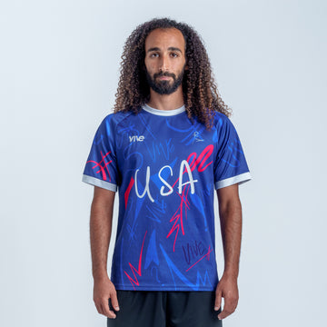 USA Wild Soccer Jersey on Model - Blue and Red color with White lettering from VIVE
