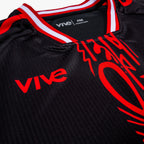 Arbol Soccer Training Jersey close up side view - Black color with Red design from VIVE