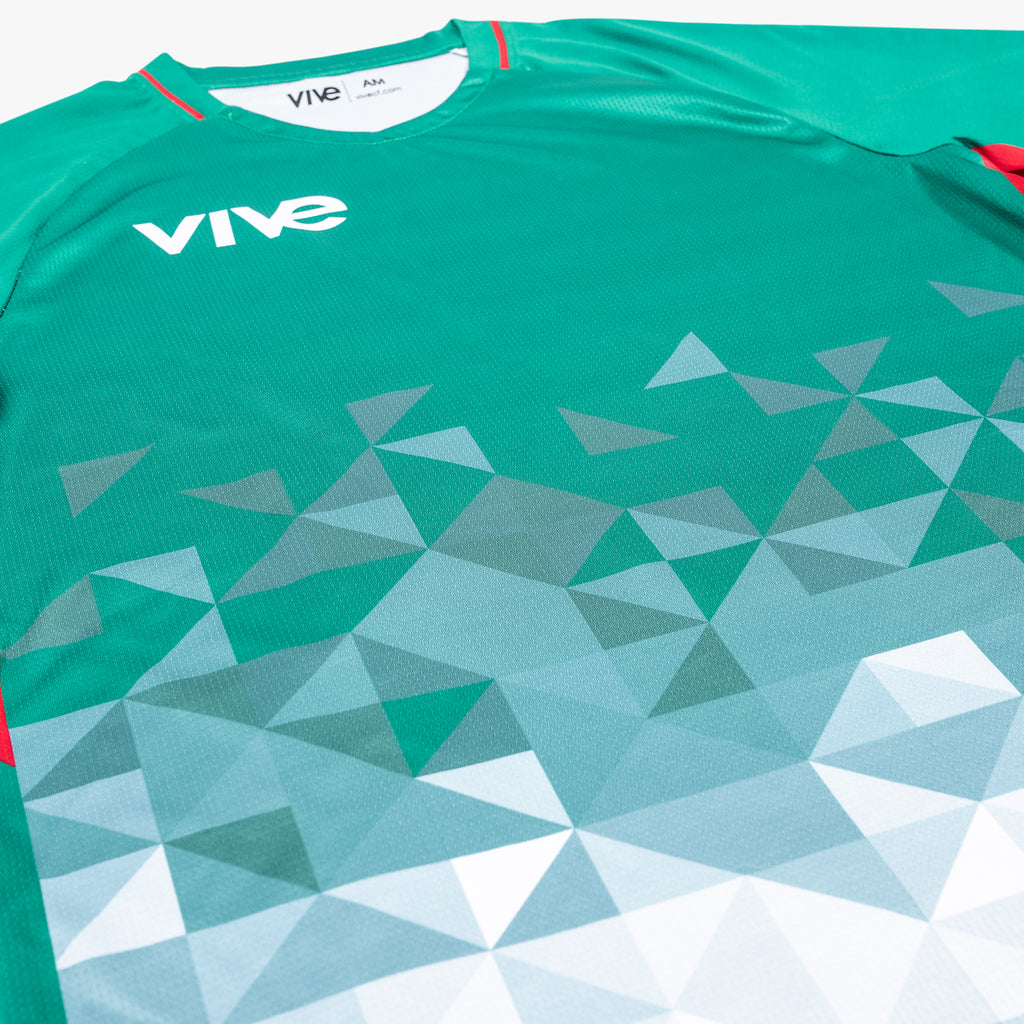 Campeones Soccer Training Jersey close up view  - Green color and Red trim design from VIVE