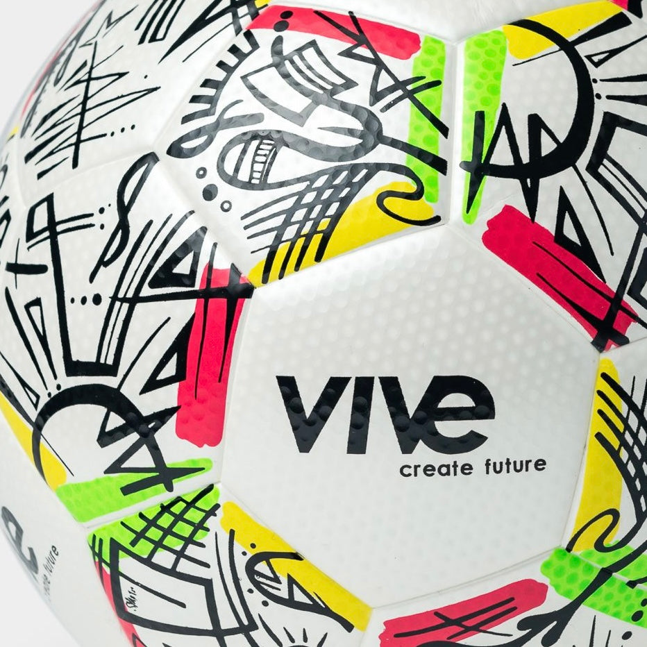 Campeones Size 5 Soccer Ball close up detail shot - White color with Black artwork design with red yellow green trim from Vive
