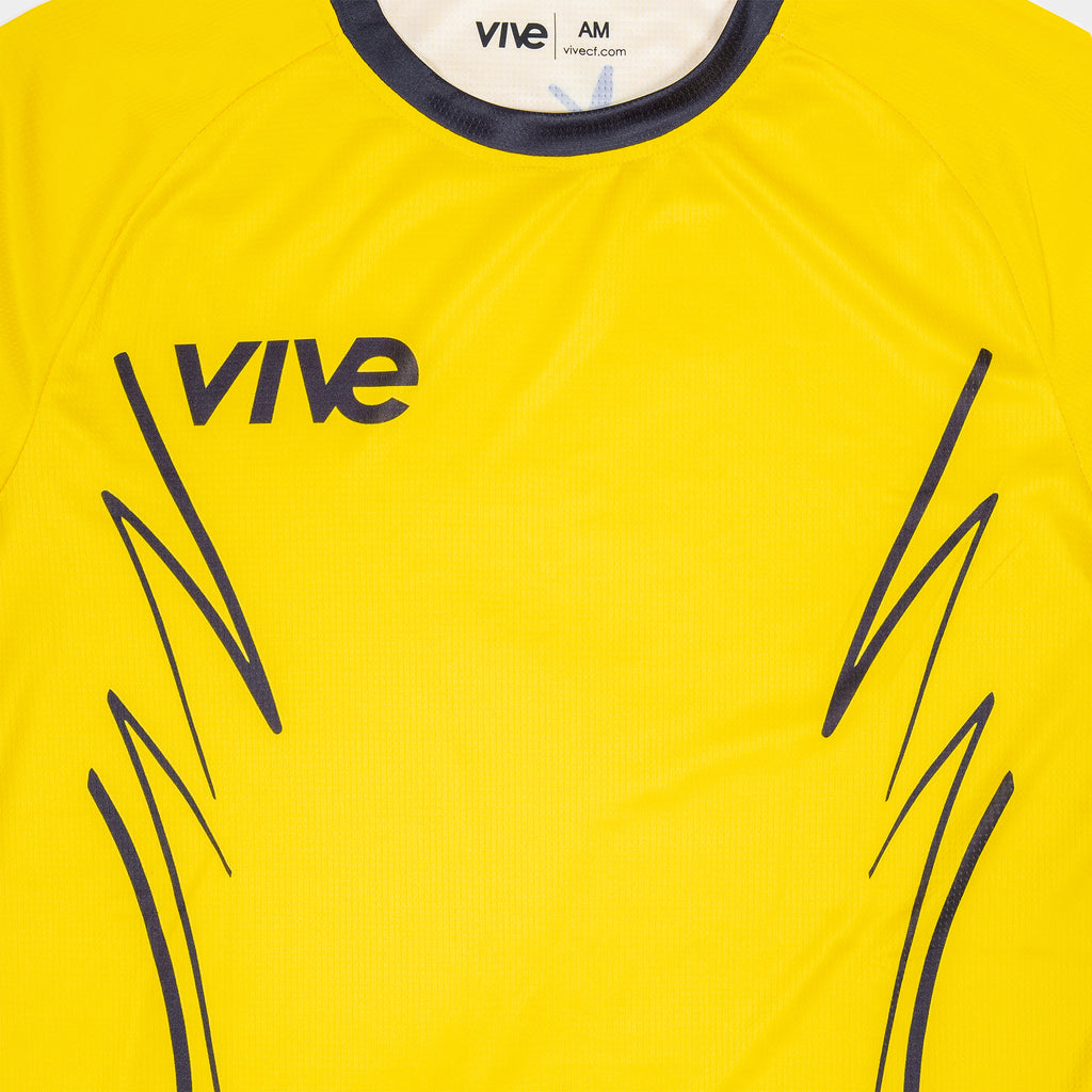 Espejo Soccer Goalie Jersey close up view - Yellow color with Black design from VIVE