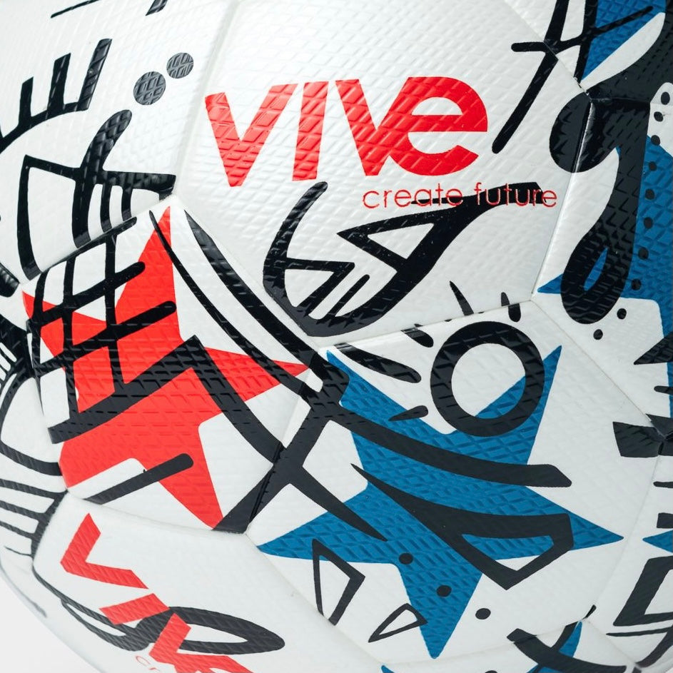Grafico Size 4 Soccer Ball close up detail shot - White color with Black artwork design and red and blue stars from Vive