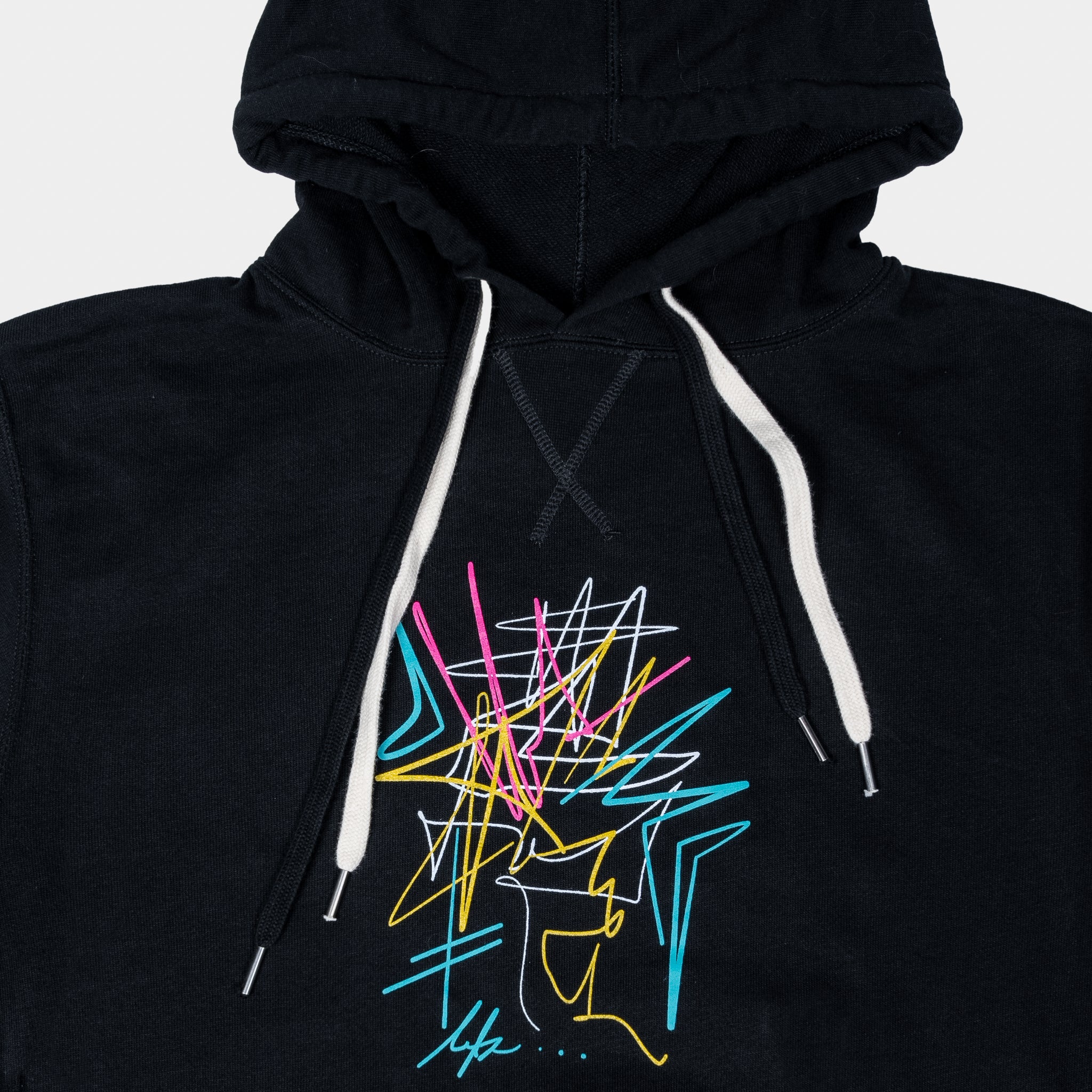 The Movement Hoodie close up - Black color with Multi color design from VIVE