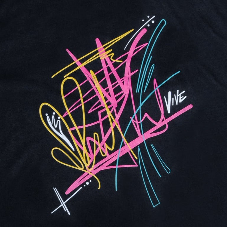 The Movement T Shirt close up view - Black color with Multi color design from VIVE