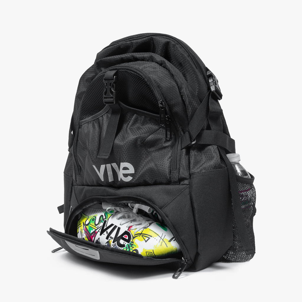Ultimate Soccer Backpack - side view - Black with Silver lettering from Vive