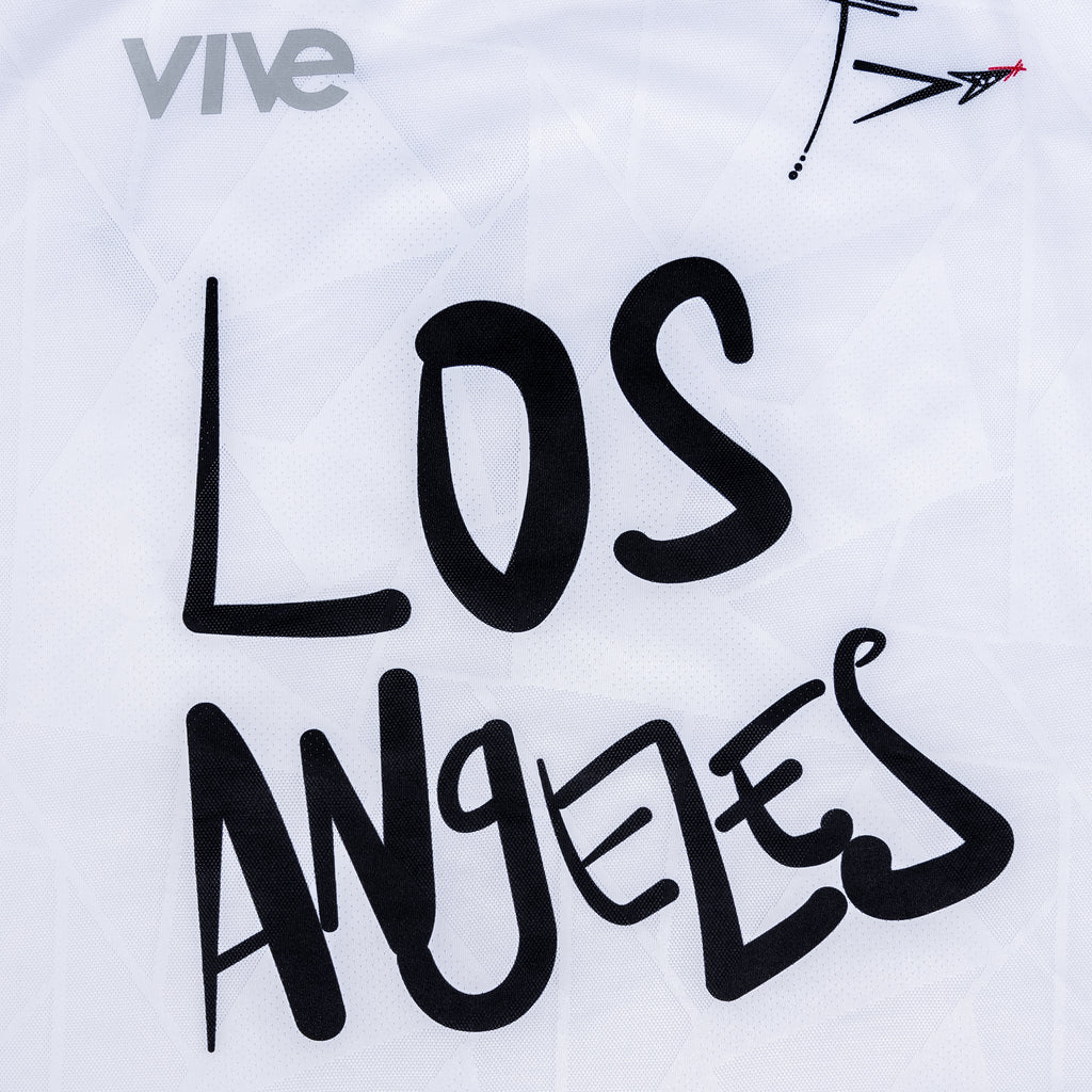Ultimate Soccer Jersey Los Angeles close up - White color with Black lettering from VIVE