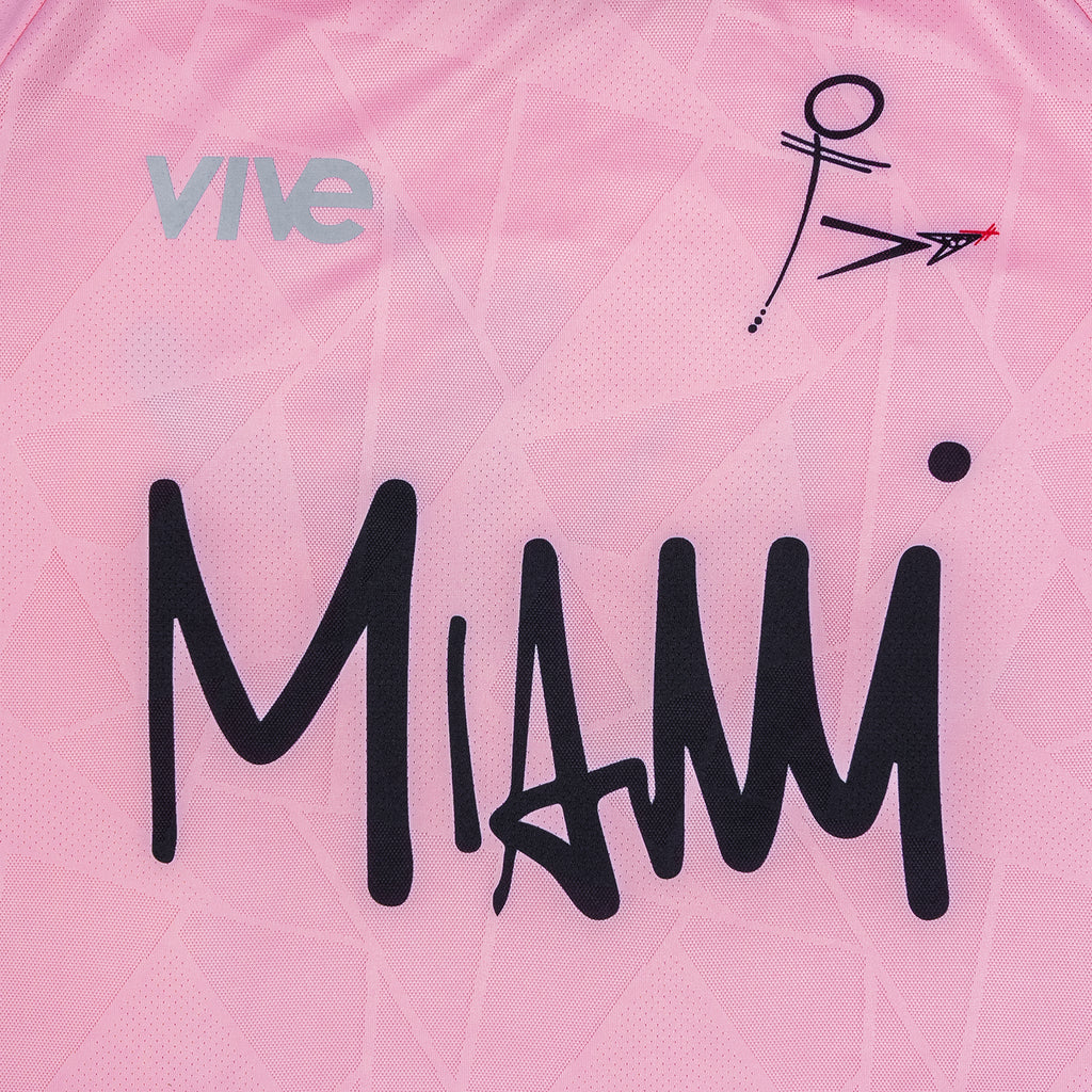 Ultimate Strike 22 Miami Soccer Jersey close up - Pink color with black lettering from VIVE