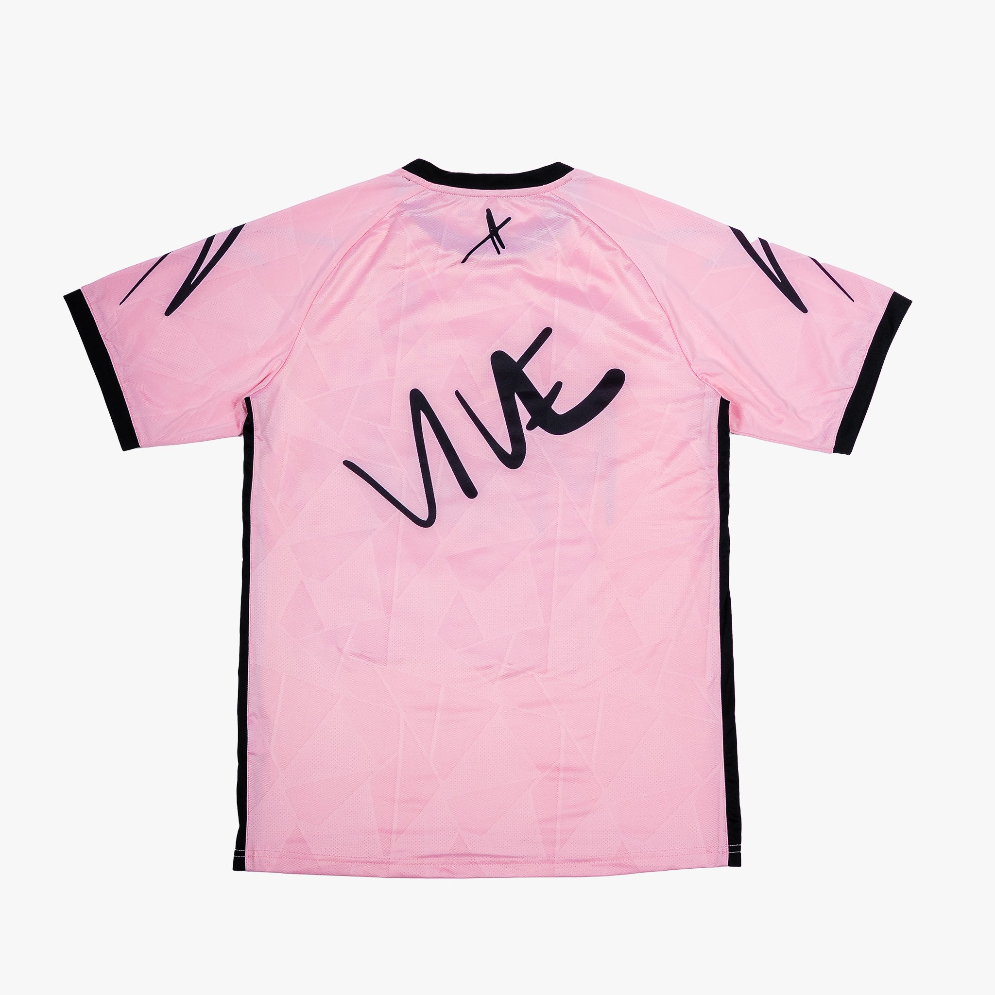 Ultimate Strike 22 Miami Soccer Jersey back side view - Pink color with black lettering from VIVE