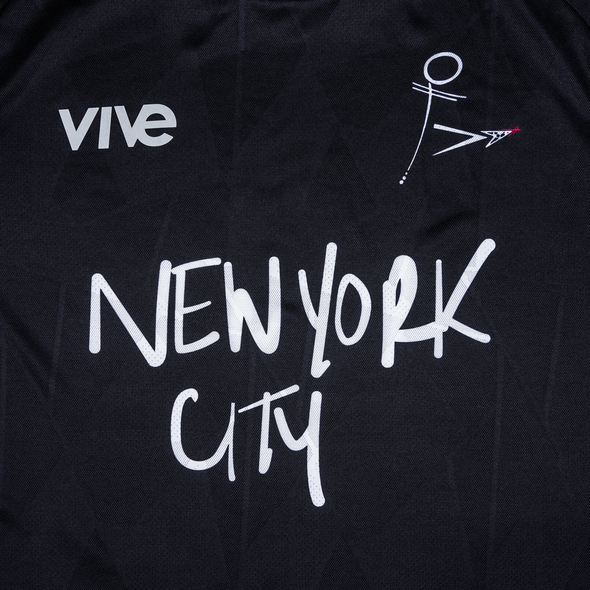 Ultimate Strike 22 NYC Soccer Jersey close up - Black color with white lettering from VIVE